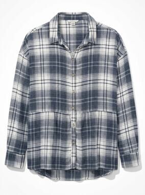 American Eagle Blue Collared Plaid Button-Up Shirt Women Size L